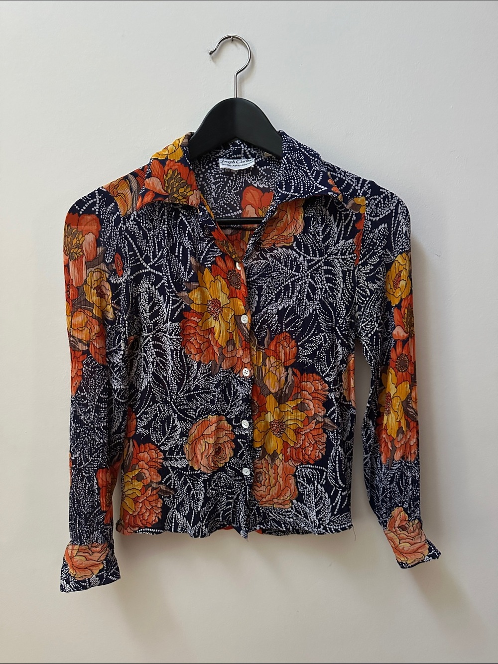Vintage Floral Button-Down Shirt in Navy with Orange & Yellow Blooms Italian